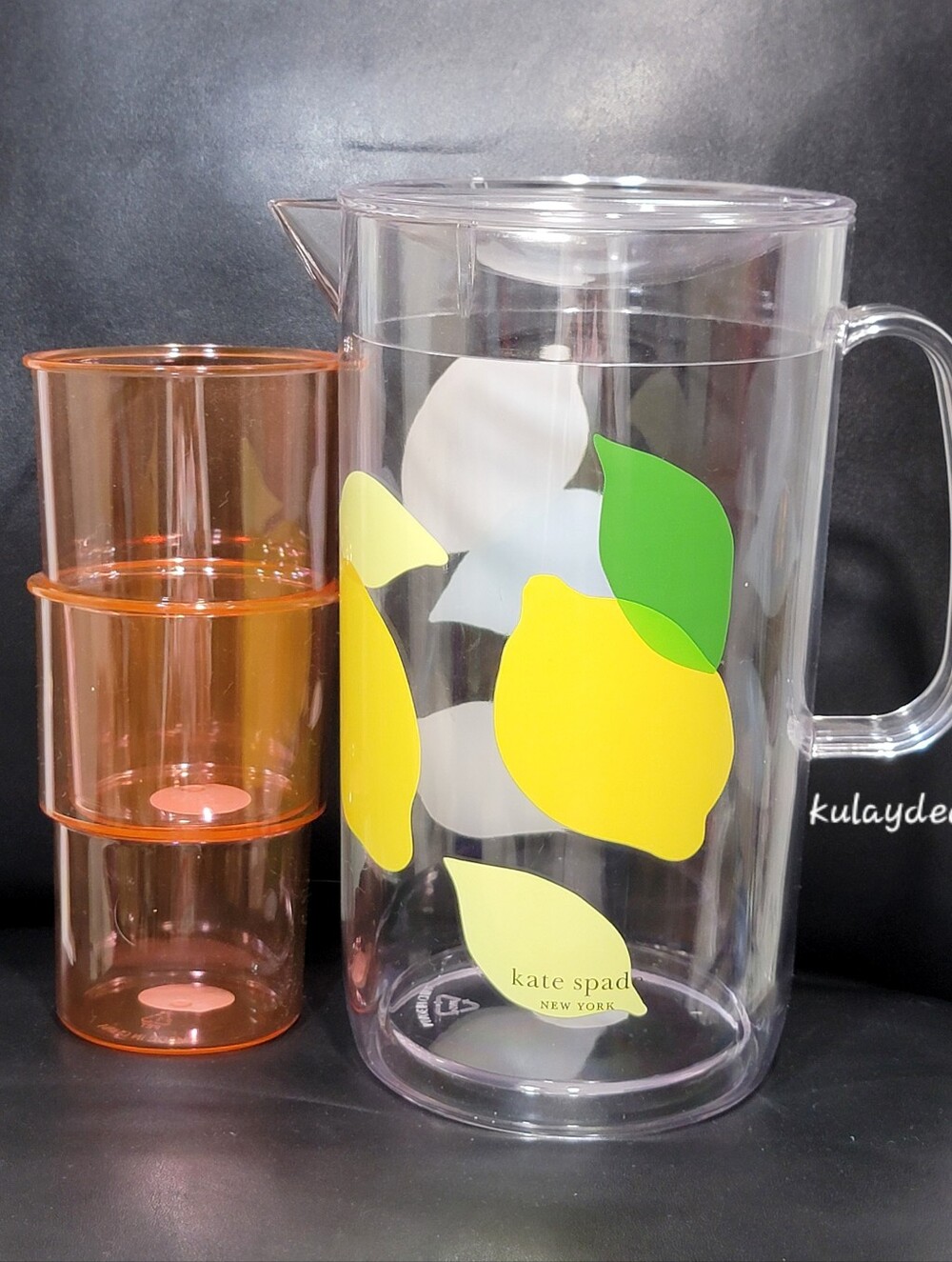Kate Spade Acrylic Lemon Pitcher with 2 Stackable Tumblers Citrus Drinkware Set